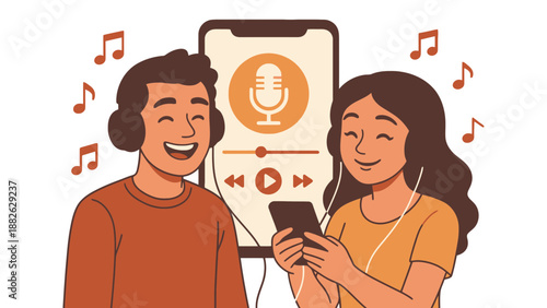 A young couple enjoying music together with headphones and a smartphone