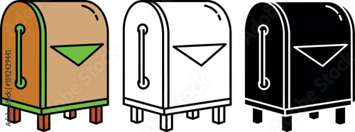 Three colorful mailboxes with green and black accents and white arrow symbols on front 1