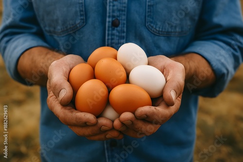 Farmer Hands Holding Fresh Chicken Eggs Organic Farming Natural Produce Concept