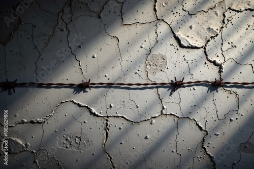 Ultra realistic barbed wire on rough concrete wall