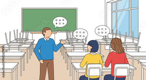 Educator Engages Students in Interactive Lesson in Bright Classroom Setting with Geometric Symbols in Thought Bubbles Visualizing Learning