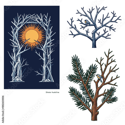 A captivating illustration portraying the winter solstice, featuring a radiant sun framed by an arch of bare trees, complemented by small blue birds perched.