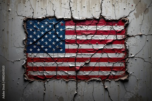 USA flag painted on old cracked concrete wall background.