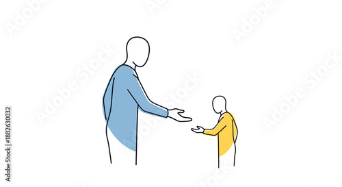 Adult and child reaching out with open hands and supportive gesture communication connection and family unity concept in simple line drawing style
