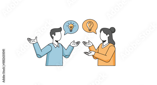 Two people communicating ideas and questions with thought bubbles above their heads representing innovation and inquiry