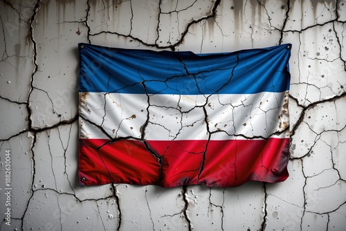 Ultra realistic tricolor national flag painted on old cracked concrete wall, faded white blue red stripes with heavy weathering