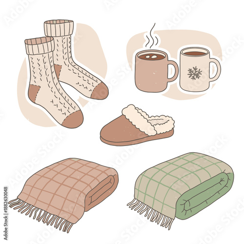 A delightful illustration of cozy essentials, featuring warm knitted socks, steaming hot chocolate mugs, a soft slipper, and plush plaid blankets, ideal for comfort.
