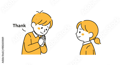 Young boy bowing with hands together to express gratitude towards a young girl communication concept flat design