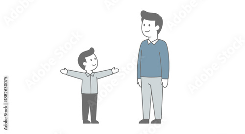 Happy Father And Small Son Standing Together Outdoors Showing Big Difference In Height Adult Male And Child Relationship Growing Up Generations