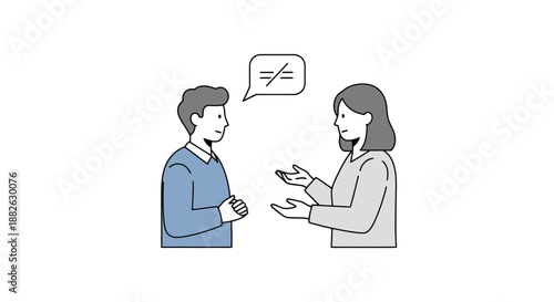 Two diverse people in a conversation with a communication symbol showing disagreement or a different opinion in a speech bubble overhead