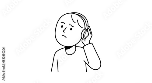 Person Wearing Headphones Looking Concerned While Listening to Audio Content with a Simple Outline Style and White Background Minimalist Art