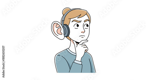 Person wearing headphones listening with a large exaggerated ear contemplating a question or idea with a thoughtful expression focused on a concept