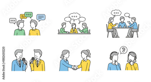 Business Communication Concepts Represented By Diverse People In Various Dialogue Scenarios With Speech Bubbles And Icons For Teamwork And Meetings