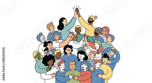 Diverse group of people celebrating success together with a high five in a modern flat design style with plain white background