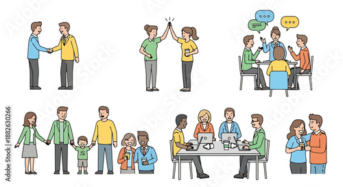 Diverse Group Interactions Various People Collaborate Communicate and Connect in Social Business and Family Settings on White Background