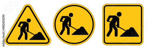  Road Works Warning Sign Vector Illustration, Attention Notice for Drivers and Pedestrians, Designed to Improve Road Safety and Prevent Accidents in Construction Zones.