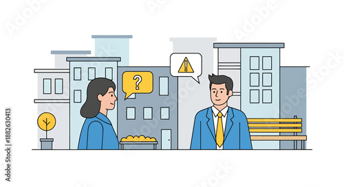 Business professionals discussing ideas in a city setting with thought bubbles representing communication and concern over urban development