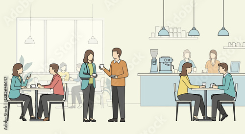 People enjoying coffee and conversation inside a bright modern establishment with tables and counter service