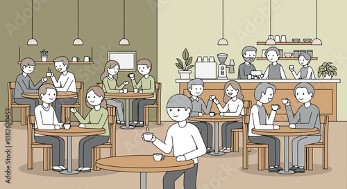 Diverse Crowd Enjoys Coffee Shop Ambiance With Casual Conversations And Relaxed Atmosphere In Modern Interior Design
