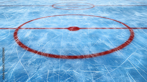 Ice rink surface with red circles marking center and face-off areas in an indoor arena during a hockey game