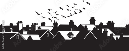 Black and white cityscape with birds flying overhead freely