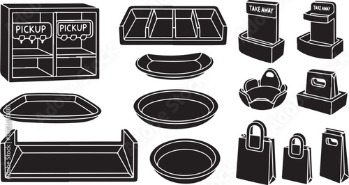 Black and white illustration of various shopping items online