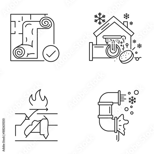 Detailed line art icons depict crucial home maintenance scenarios, featuring insulation installation, burst pipes, and fire damage prevention.