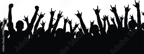 Cheering crowd silhouette with raised hands and rock signs, concert energy and music festival concept, excitement, freedom and youth culture, black and white illustration
