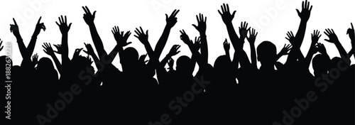 Cheering crowd silhouette with raised hands, unity and celebration concept, people power and collective excitement, public event or festival background, black and white illustration