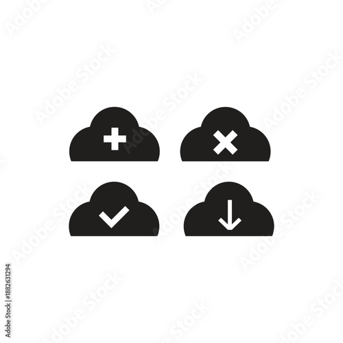 Cloud icons representing upload, cancel, approve, and download actions in a simple and modern design