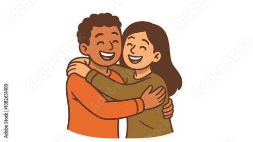 A cartoon illustration of a happy couple embracing each other warmly together