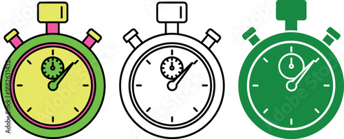 Three colorful stopwatches with different colored faces and hands time timer green yellow