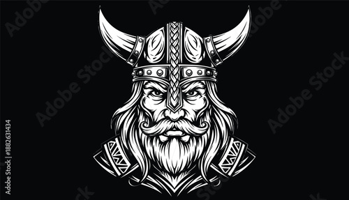 Powerful viking warrior head illustration with horned helmet and long beard, featuring a fierce nord mascot face isolated on black background for branding