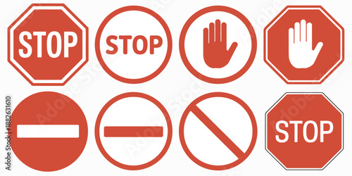 Stop Sign Icon Collection, Prohibited Passage and No Entry Symbols on White Background, Red Stop Logo and Universal Prohibition Sign Vector Illustration.