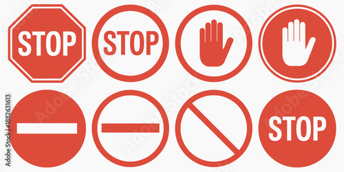 Stop Icon and Prohibited Passage Symbol, Stop Sign Icon and No Entry Sign on White Background, Red Stop Logo Prohibition Sign Vector Artwork.