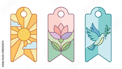 Celebrate International Women's Day with these vibrant vector tags, beautifully symbolizing peace, growth, and optimism through delightful sun, floral, and dove illustrations