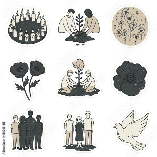 A cohesive collection of symbolic hand-drawn illustrations depicting themes of remembrance, community, environmental care, and the universal pursuit of peace and hope.