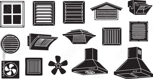Various ventilation systems and window designs in black and white
