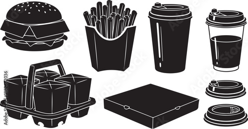 Fast Food Items and Drinks in Black and White