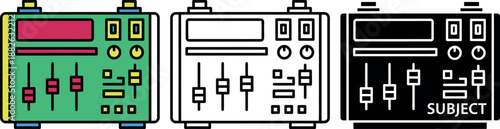 Three electronic devices with knobs in green black and white colors dials buttons