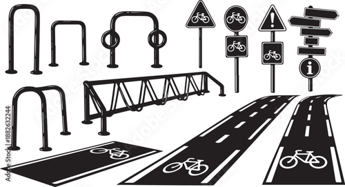 Bicycle road signs and infrastructure illustration set in black