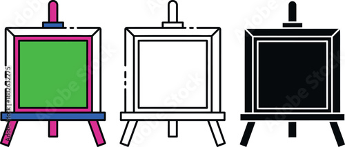 Three easels with green black and white canvases on stands 1