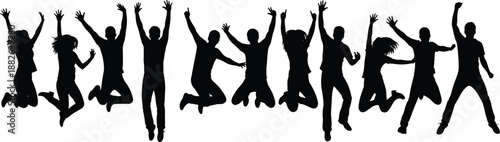 Jumping people silhouette group expressing joy, freedom, and celebration for lifestyle, youth, teamwork, and positive energy concept designs