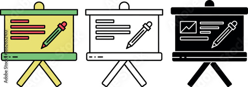 Three flip charts with markers and presentation on each yellow green black and white