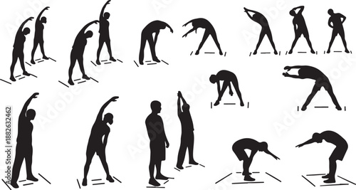 Various yoga poses in black silhouette on white background