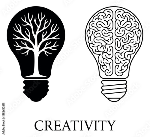 Symbolic lightbulb illustration set featuring a brain and a tree for idea generation