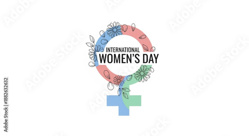 International women's day logo with colorful floral wreath and equality symbol on white background
