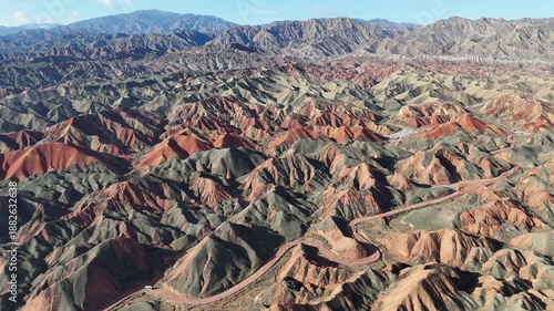 Zhangye Danxia Colorful Rainbow Mountains Aerial View, China