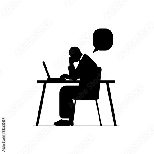 Pensive Person Silhouette Working on Laptop with Thought Bubble