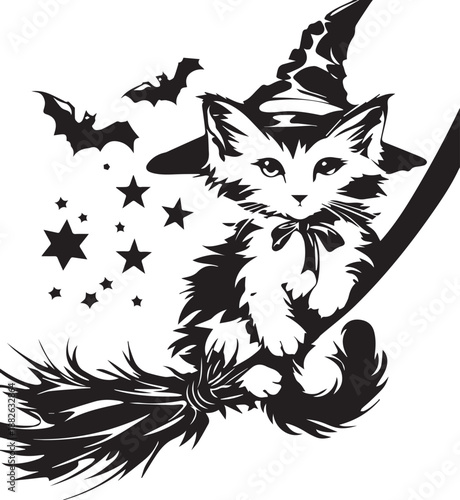 Whimsical Witch Cat: A charming witch cat, with a pointy hat and bow, soars gracefully on a broomstick, enchanting the night with a touch of magic. 